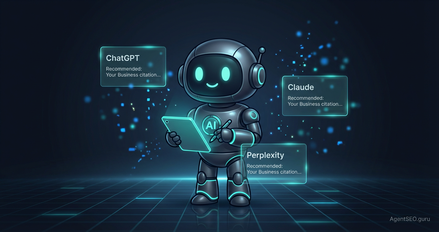 AgentSEO Guru robot analyzing AI recommendation signals from ChatGPT, Claude, and Perplexity